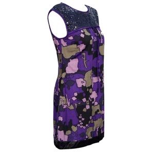 French Connection minidress sleeveless print black sequins 8 purples